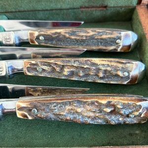 Abercrombie & Fitch German steel forged stag antler 6 pc steak knife set Vintage